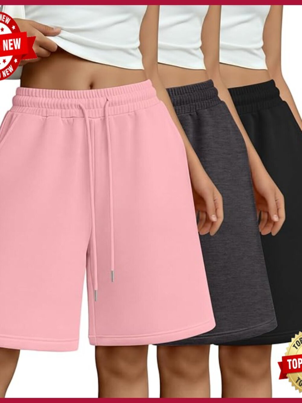 3 Pack Womens Bermuda Shorts Pockets High Waist Knee Length Casual Athletic